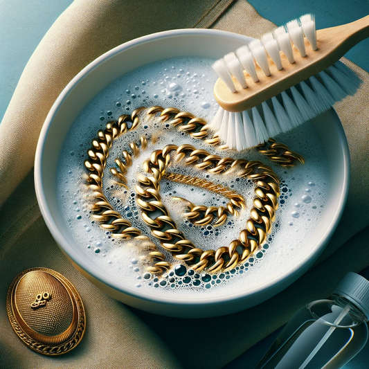 Golden chain necklace immersed in a bowl of bubbly water, accompanied by a wooden brush and a sealed bottle, highlighting the process of jewelry cleaning on a pastel blue background.